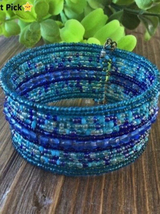 Handmade Jewelry - ⛔️SOLD⛔️ 🌻 Multi‑Strand Seed Bead Open Cuff Bracelet – Shades of Blue & Gray
